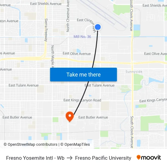 Fresno Yosemite Intl - Wb to Fresno Pacific University map