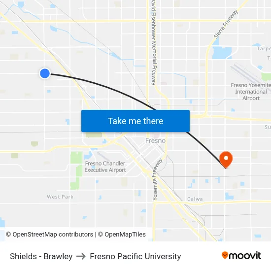 Shields - Brawley to Fresno Pacific University map