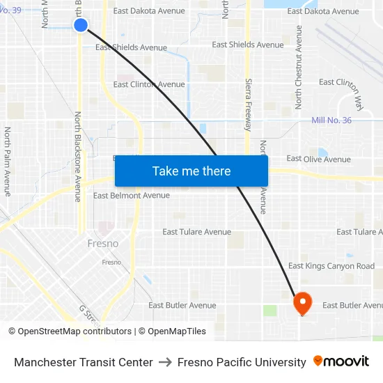 Manchester Transit Center to Fresno Pacific University map