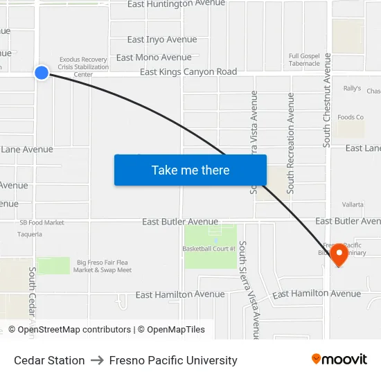 Cedar Station to Fresno Pacific University map