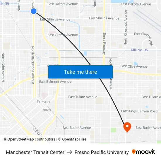 Manchester Transit Center to Fresno Pacific University map