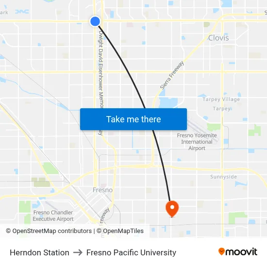 Herndon Station to Fresno Pacific University map