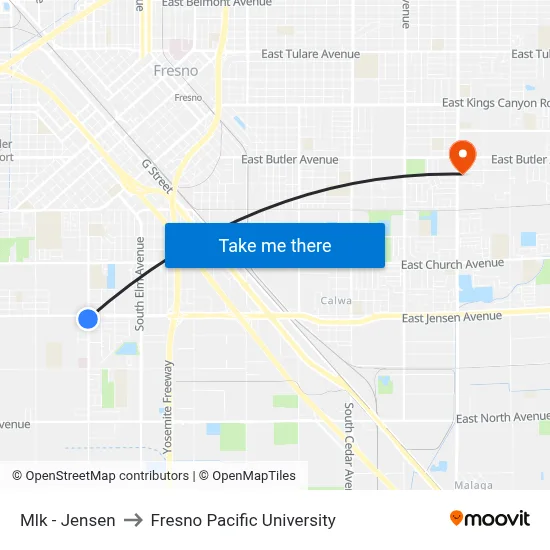 Mlk - Jensen to Fresno Pacific University map