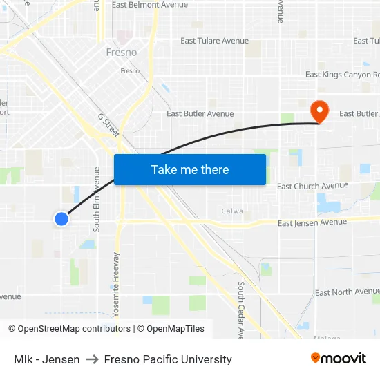 Mlk - Jensen to Fresno Pacific University map