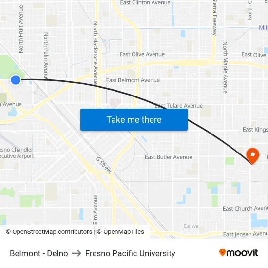 Belmont - Delno to Fresno Pacific University map