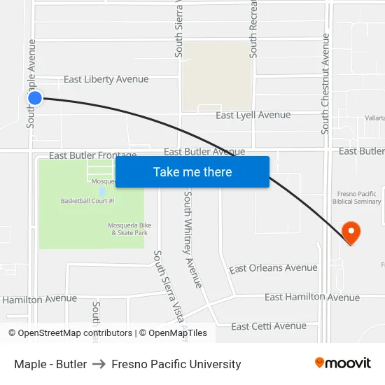 Maple - Butler to Fresno Pacific University map