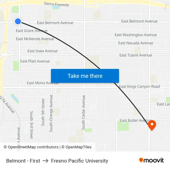 Belmont - First to Fresno Pacific University map