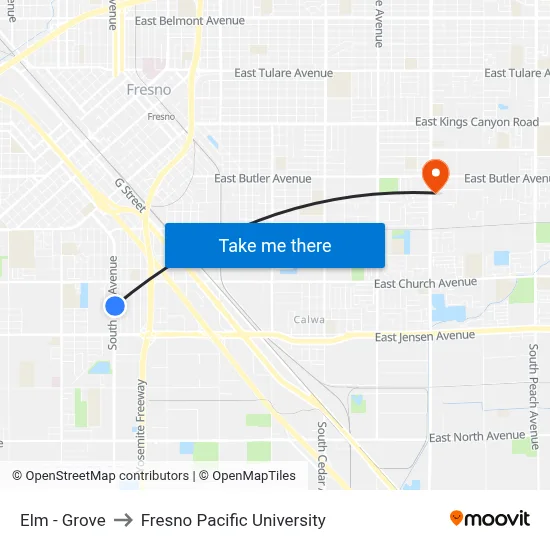 Elm - Grove to Fresno Pacific University map