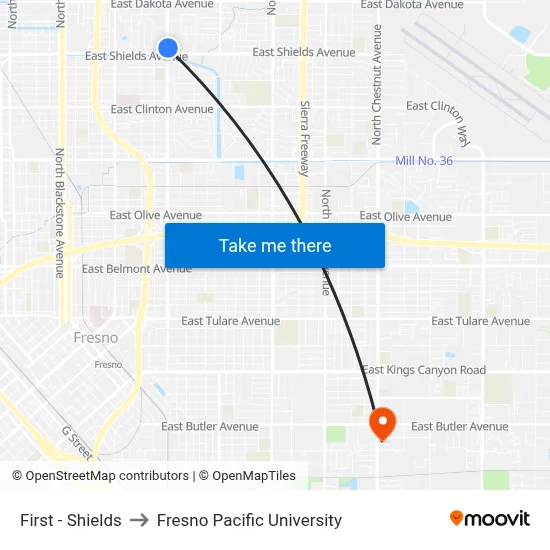 First - Shields to Fresno Pacific University map