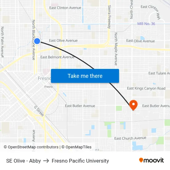 SE Olive - Abby to Fresno Pacific University map