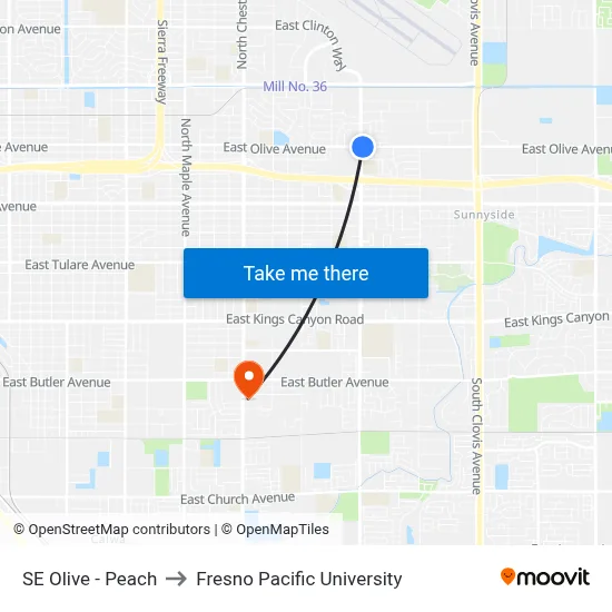 SE Olive - Peach to Fresno Pacific University map