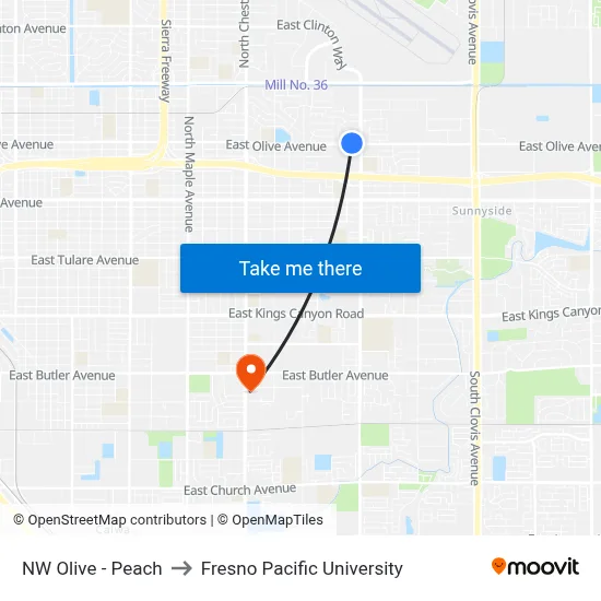 NW Olive - Peach to Fresno Pacific University map
