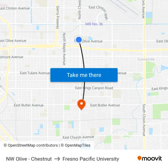 NW Olive - Chestnut to Fresno Pacific University map