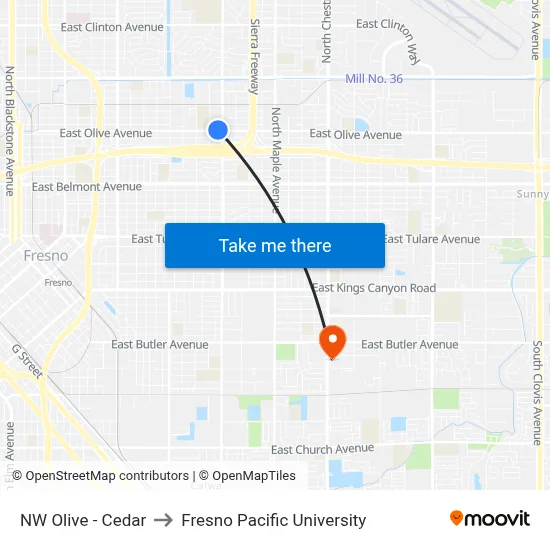 NW Olive - Cedar to Fresno Pacific University map