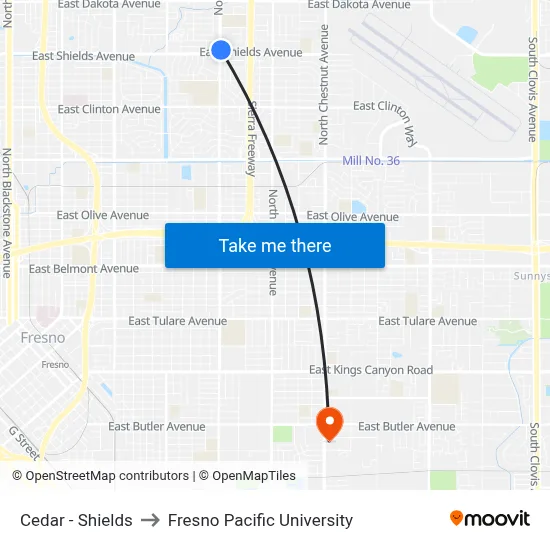 Cedar - Shields to Fresno Pacific University map