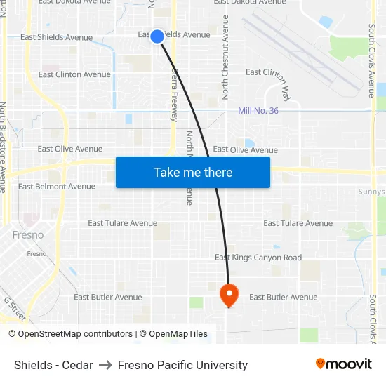 Shields - Cedar to Fresno Pacific University map