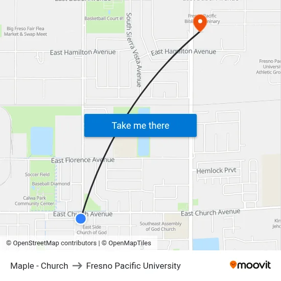 Maple - Church to Fresno Pacific University map