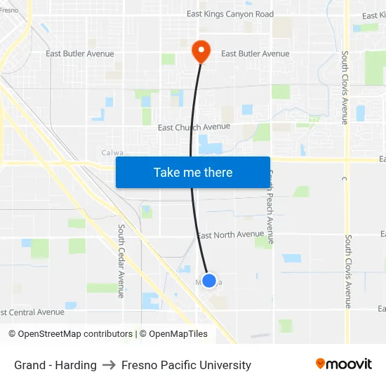 Grand - Harding to Fresno Pacific University map