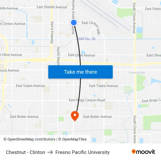 Chestnut - Clinton to Fresno Pacific University map