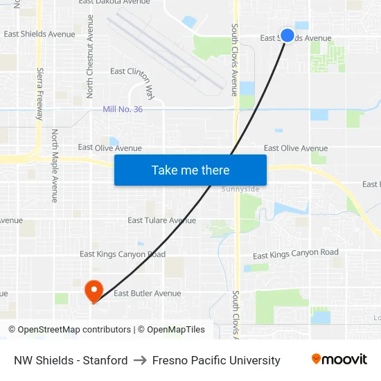 NW Shields - Stanford to Fresno Pacific University map