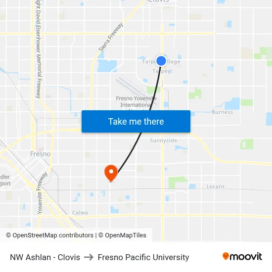 NW Ashlan - Clovis to Fresno Pacific University map