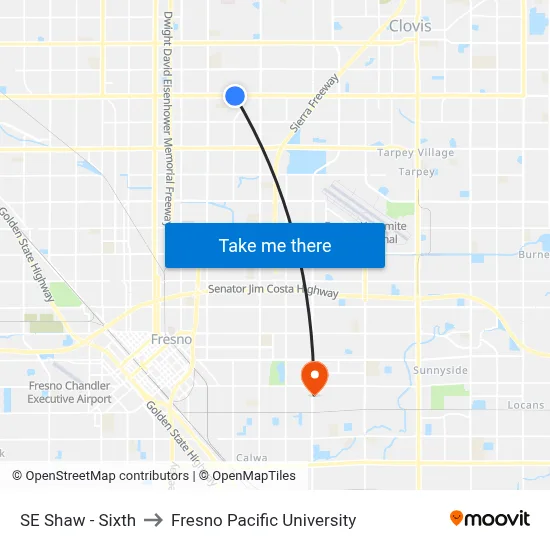 SE Shaw - Sixth to Fresno Pacific University map