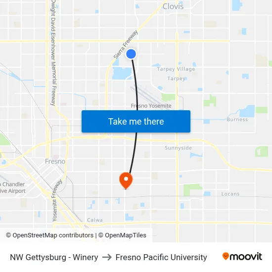 NW Gettysburg - Winery to Fresno Pacific University map