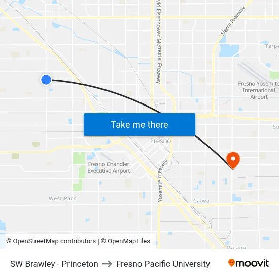 SW Brawley - Princeton to Fresno Pacific University map