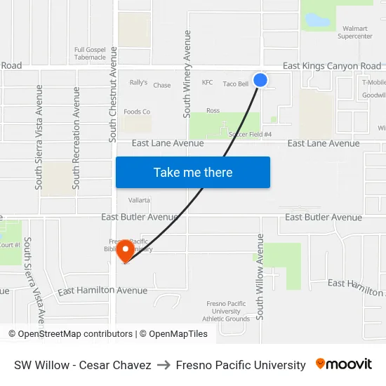 SW Willow - Cesar Chavez to Fresno Pacific University map