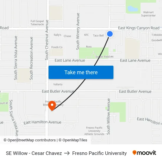 SE Willow - Cesar Chavez to Fresno Pacific University map