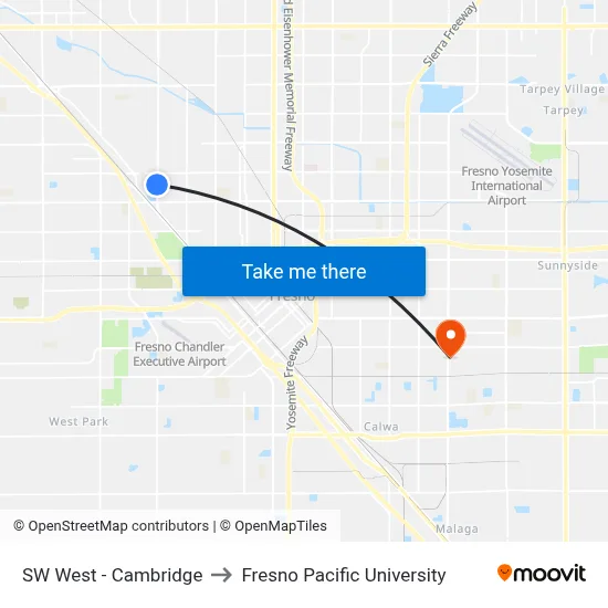 SW West - Cambridge to Fresno Pacific University map