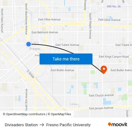 Divisadero Station to Fresno Pacific University map