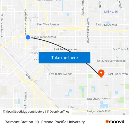 Belmont Station to Fresno Pacific University map