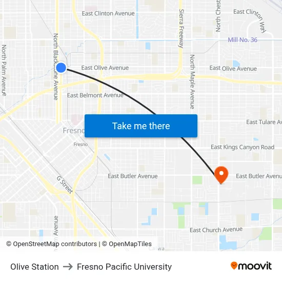 Olive Station to Fresno Pacific University map