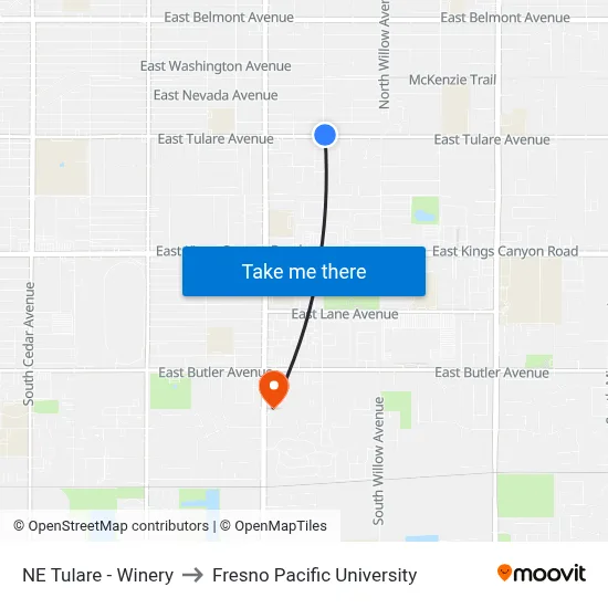 NE Tulare - Winery to Fresno Pacific University map