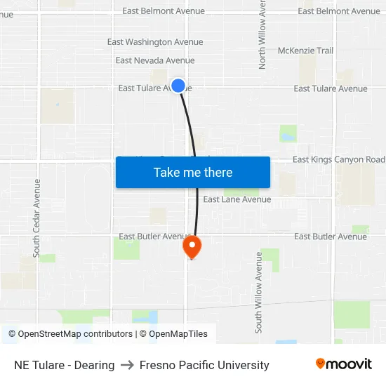 NE Tulare - Dearing to Fresno Pacific University map