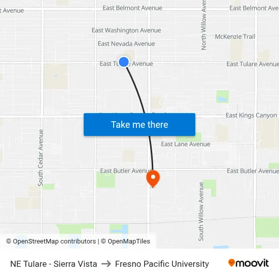NE Tulare - Sierra Vista to Fresno Pacific University map