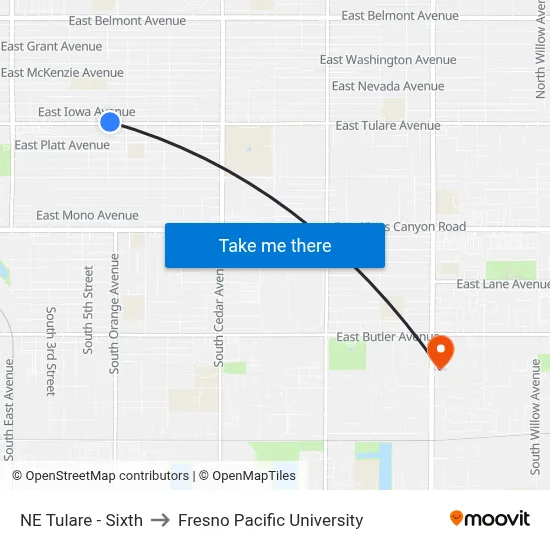 NE Tulare - Sixth to Fresno Pacific University map