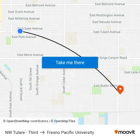 NW Tulare - Third to Fresno Pacific University map