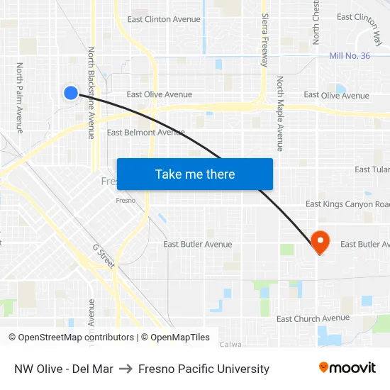 NW Olive - Del Mar to Fresno Pacific University map