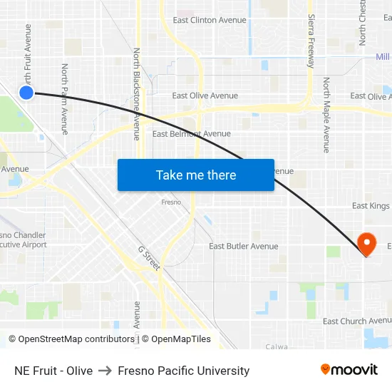 NE Fruit - Olive to Fresno Pacific University map