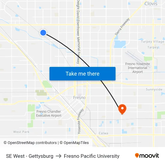 SE West - Gettysburg to Fresno Pacific University map