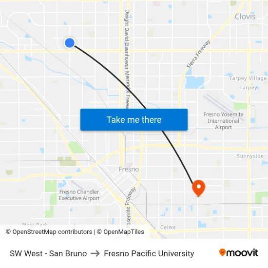 SW West - San Bruno to Fresno Pacific University map
