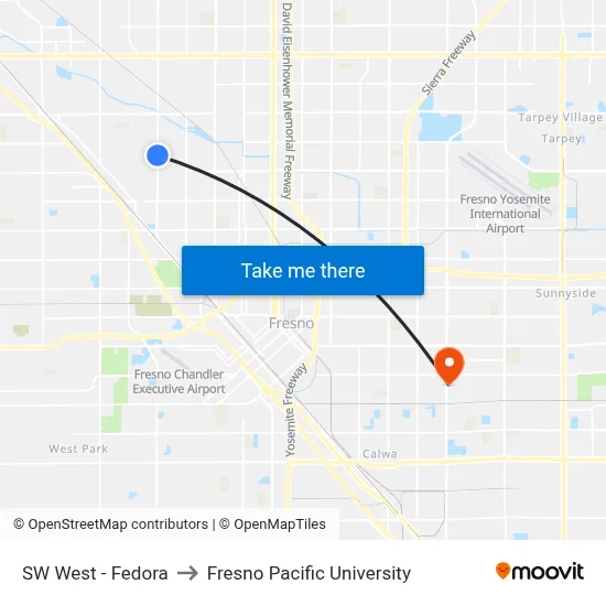 SW West - Fedora to Fresno Pacific University map