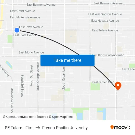 SE Tulare - First to Fresno Pacific University map