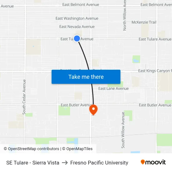 SE Tulare - Sierra Vista to Fresno Pacific University map
