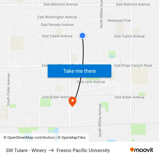 SW Tulare - Winery to Fresno Pacific University map