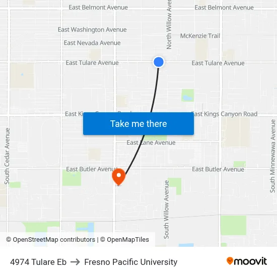 4974 Tulare Eb to Fresno Pacific University map
