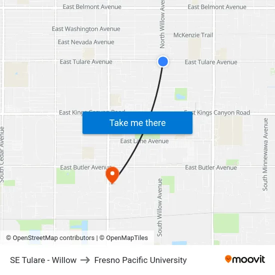 SE Tulare - Willow to Fresno Pacific University map