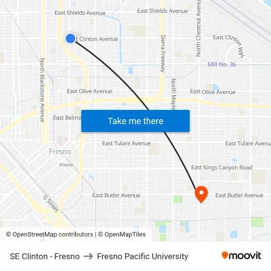 SE Clinton - Fresno to Fresno Pacific University map